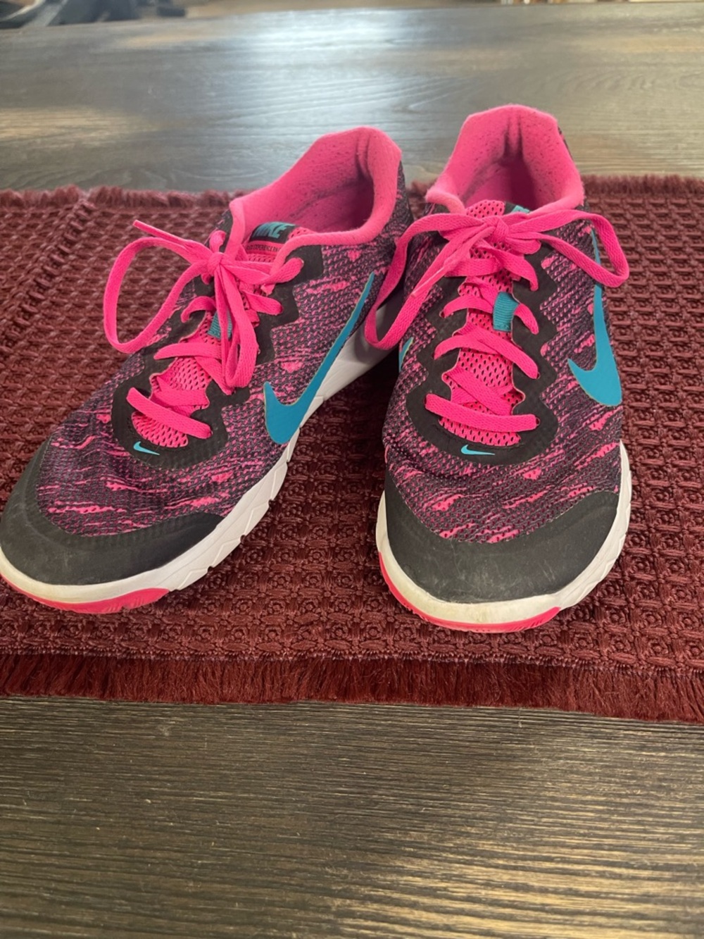 Nike Women's Hot Pink and Teal Knit-Pattern Running Sneakers